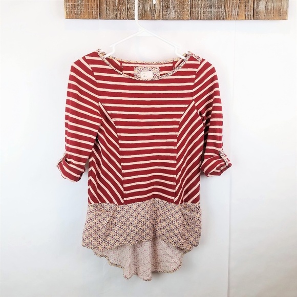 Anthropologie Tops - Postmark Anthropologie Fairley Tunic Red Striped Floral Hem Roll Tab Sleeve Top